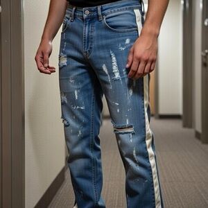Lakenzie Blue Distressed Boyfriend Jeans with White Stripes